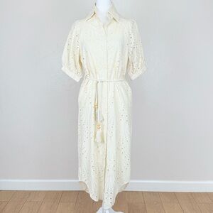 Palm Cove Ivory Eyelet Puff Sleeve Midi Shirt Dress w/ Pockets Size S